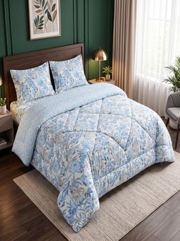 Threadwear - Blue Floral 4 Pcs Comforter Set With Queen Size Bedsheet and 2 Pillow Covers
