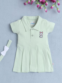 Bumzee - Green Solid Comfortable Dress and Headband (Set of 2)