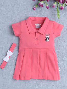 Bumzee - Coral Solid Comfortable Dress and Headband (Set of 2)