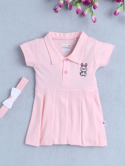 Bumzee - Pink Solid Comfortable Dress and Headband (Set of 2)