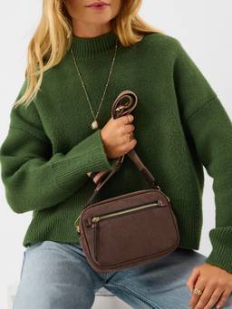 Accessorize London - Women's Brown Double Zip Camera Sling Bag