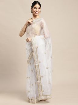 Vastranand - White Floral Sequinned Organza Saree with Unstitched Blouse