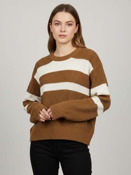 CHKOKKO - Brown Wollen Winter Wear Crop Drop Shoulder Round Neck Sweater for Women