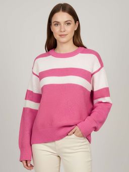 CHKOKKO - Pink Wollen Winter Wear Crop Drop Shoulder Round Neck Sweater for Women