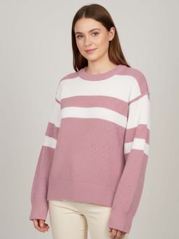 CHKOKKO - Pink Wollen Winter Wear Crop Drop Shoulder Round Neck Sweater for Women