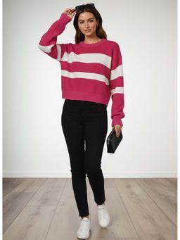 CHKOKKO - Pink Wollen Winter Wear Crop Drop Shoulder Round Neck Sweater for Women