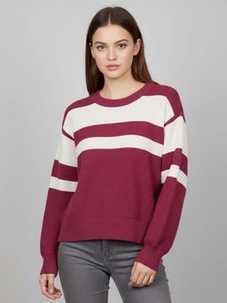 CHKOKKO - Pink Wollen Winter Wear Crop Drop Shoulder Round Neck Sweater for Women