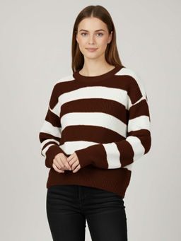 CHKOKKO - Brown Wollen Winter Wear Crop Drop Shoulder Round Neck Sweater for Women