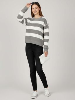 CHKOKKO - Grey Wollen Winter Wear Crop Drop Shoulder Round Neck Sweater for Women