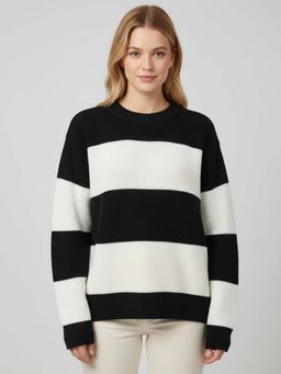 CHKOKKO - Black White Wollen Winter Wear Crop Drop Shoulder Round Neck Sweater for Women