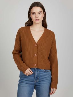 CHKOKKO - Brown Wollen Winter Wear Crop Drop Shoulder Cardigan Sweater for Women