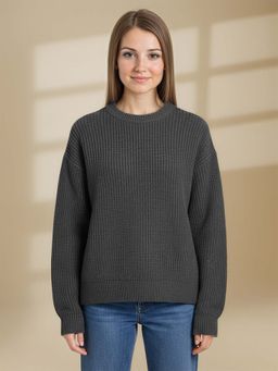 CHKOKKO - Grey Wollen Winter Wear Crop Drop Shoulder Round Neck Sweater