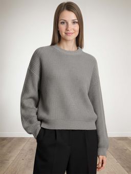 CHKOKKO - Grey Wollen Winter Wear Crop Drop Shoulder Round Neck Sweater