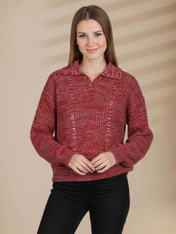 CHKOKKO - Red Sylish Ribbed Knit Collared Sweater