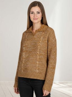 CHKOKKO - Mustard Sylish Ribbed Knit Collared Sweater