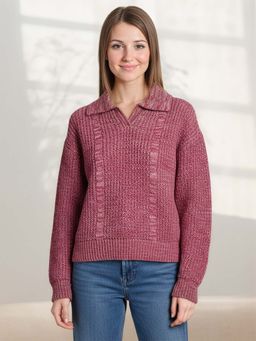 CHKOKKO - Pink Sylish Ribbed Knit Collared Sweater