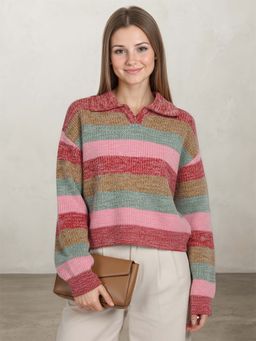 CHKOKKO - Multi Striped Sylish Ribbed Knit Collared Sweater