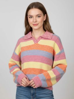 CHKOKKO - Multi Striped Sylish Ribbed Knit Collared Sweater
