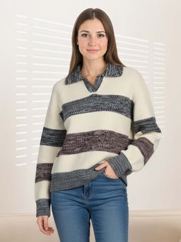 CHKOKKO - Grey Sylish Ribbed Knit Collared Sweater