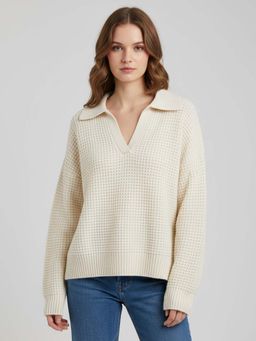 CHKOKKO - Cream Sylish Ribbed Knit Collared Sweater