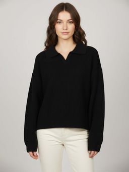 CHKOKKO - Black Sylish Ribbed Knit Collared Sweater