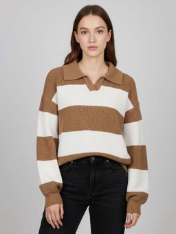 CHKOKKO - Beige Sylish Ribbed Knit Collared Sweater