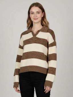 CHKOKKO - Brown Sylish Ribbed Knit Collared Sweater