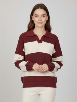 CHKOKKO - Maroon Sylish Ribbed Knit Collared Sweater