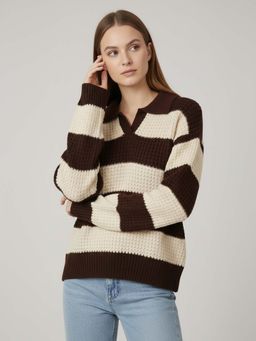 CHKOKKO - Brown Sylish Ribbed Knit Collared Sweater