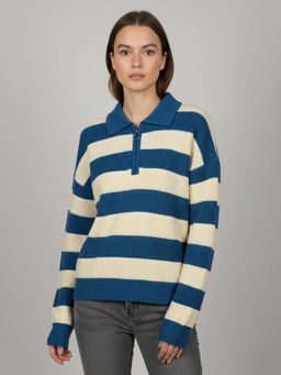 CHKOKKO - Blue Striped Sylish Ribbed Knit Collared Sweater
