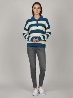 CHKOKKO - Green Striped Wollen Winter Wear Crop Drop Shoulder Round Neck Sweater