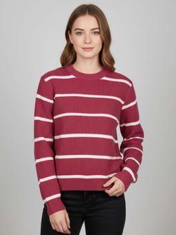 CHKOKKO - Pink Striped Wollen Winter Wear Crop Drop Shoulder Round Neck Sweater