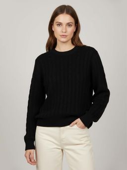 CHKOKKO - Black Round Neck Sylish Ribbed Knit Sweater