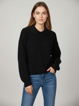 CHKOKKO - Black Sylish Ribbed Knit Collared Neck Sweater