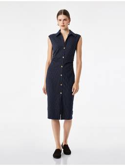 Koton - Sleeveless Navy Blue Striped Shirt Dress