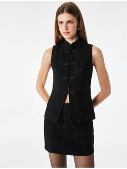 Koton - High Neck Black Tweed Waist Coat