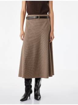 Koton - Plaid Brown Midi Skirt with Belt