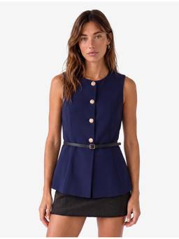 Koton - Belted Navy Blue Peplum Waist Coat with Belt