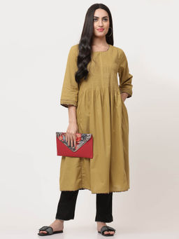 SAVI - Olive Green Cotton Pintuck Designer Aline Dress