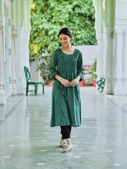 SAVI - Teal Green Cotton Pintuck Designer Dress for Women