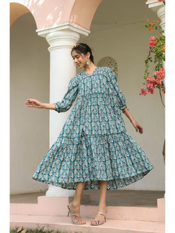 SAVI - Blue Pure Cotton Floral Print Lace Work Tiered/Flared Designer Dress