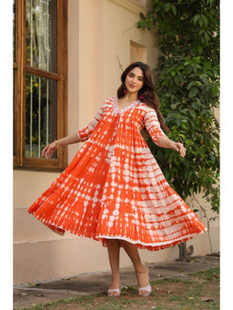 SAVI - Orange Cotton Dobby Tie and Dye Tiered Designer Dress