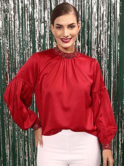 STREET 9 - Women RED SATIN EMBELLISHED TOP