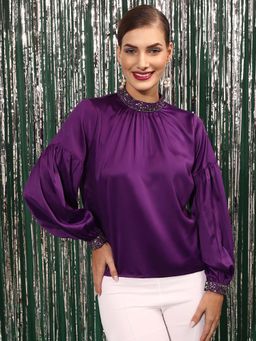 STREET 9 - Women Purple SATIN EMBELLISHED TOP