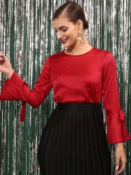 STREET 9 - Women Red SATIN EMBELLISHED TOP