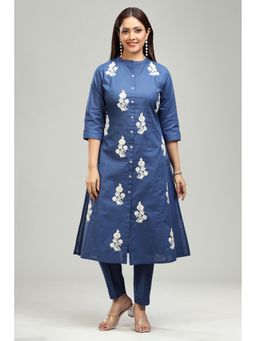 Cotton Culture - Navy Blue Floral Kurta and Pant (Set of 2)