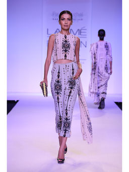 Payal Singhal - Nadine Stone Printed Crepe Crop Tunic with Blue Printed Roll Up Pant (Set of 2)