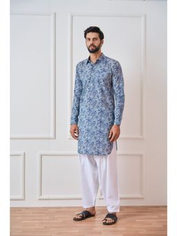 See Designs - Men Blue Regular Pure Cotton Pathani Kurta with White Salwar (Set of 2)