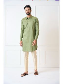 See Designs - Men Olive Regular Pure Cotton Pathani Kurta with Gold Pyjama (Set of 2)