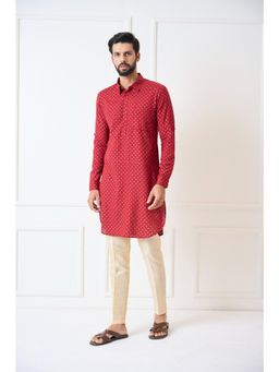 See Designs - Men Maroon Regular Pure Cotton Pathani Kurta with Gold Pyjama (Set of 2)